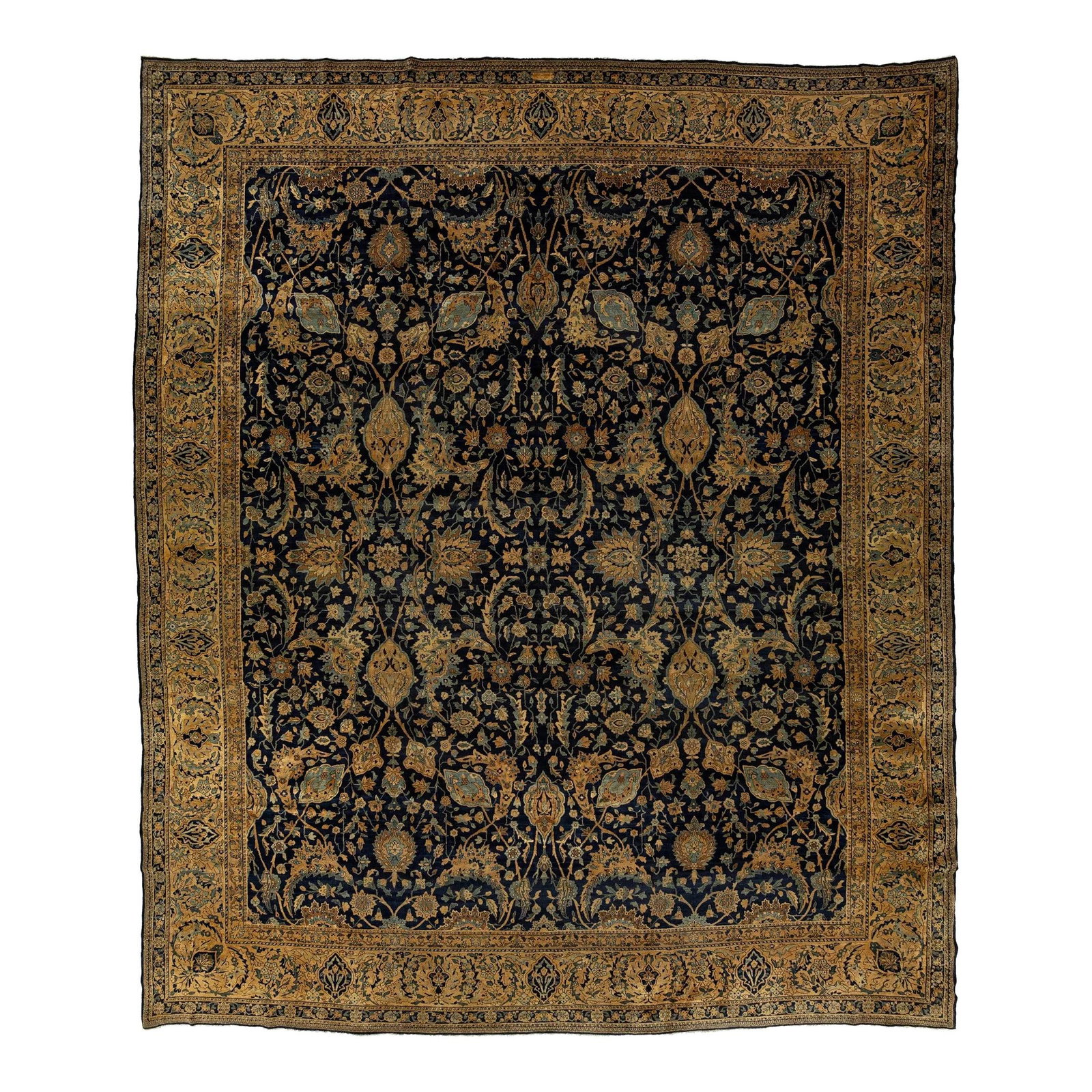 Antique Kerman Persian Oversized Wool Rug 13'3 x 16' Dark Blue Floral Design: Antique Kerman Persian Oversized Wool Rug 13'3 x 16' Dark Blue Floral Design This exquisite antique Kerman Persian oversized wool rug, dating back to the 1900s, features a captivating floral design in
