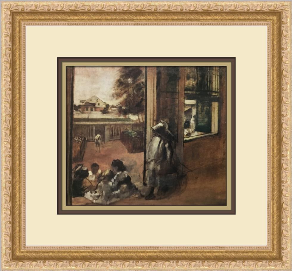 Edgar Degas Children on a Doorstep Custom Framed Print 1988: Edgar Degas Children on a Doorstep Custom Framed Print 1988 This custom framed print titled "Children on a Doorstep" by Edgar Degas captures the essence of Impressionism with its elegant depiction of
