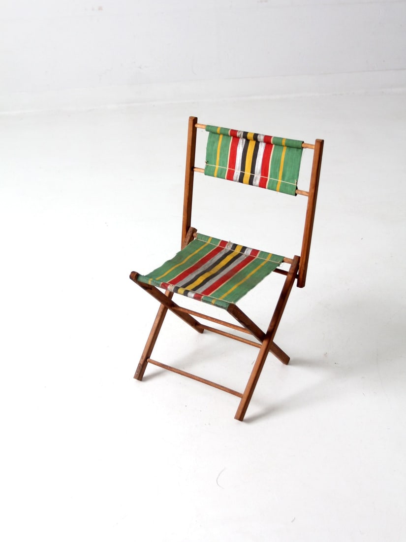 Vintage Children's Folding Chair Green Stripe Canvas Wood Frame (1 of 10)