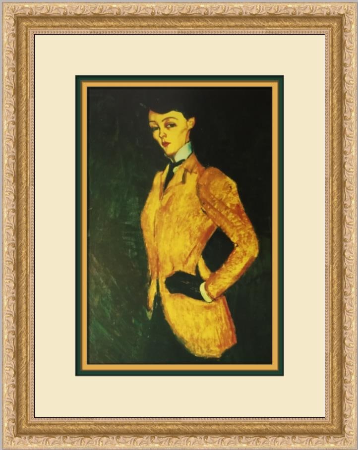 Amedeo Modigliani Woman in Yellow Jacket Custom Framed Print 1996: Amedeo Modigliani Woman in Yellow Jacket Custom Framed Print 1996 This custom framed print titled 'Woman in Yellow Jacket' by renowned artist Amedeo Modigliani showcases a captivating depiction of fig