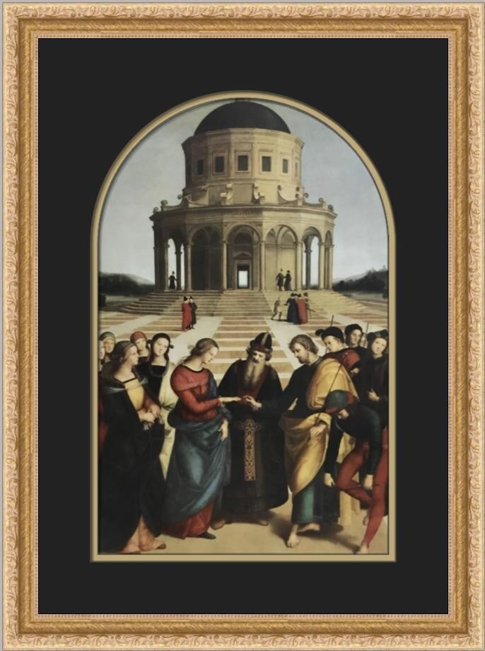 Raphael Marriage of the Virgin High Renaissance Custom Framed Print 20 x 16: Raphael Marriage of the Virgin High Renaissance Custom Framed Print 20 x 16 This exquisite custom framed print features Raphael's renowned artwork, "Marriage of the Virgin," a prime example of High Re