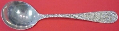 Stieff Rose Pattern Sterling Silver 7 Inch Gumbo Spoon: Stieff Rose Pattern Sterling Silver 7 Inch Gumbo Spoon This exquisite gumbo soup spoon is crafted from sterling silver and features the elegant 'Rose' pattern by Stieff, dating back to 1850-1899. Meas