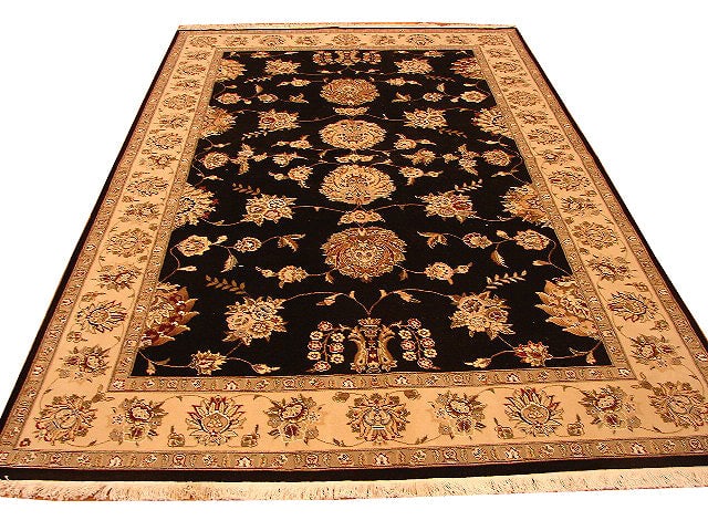 5.9 x 8.9 Handmade Black Wool and Silk Area Rug: 5.9 x 8.9 Handmade Black Wool and Silk Area Rug Free continental US Shipping Elevate your home decor with this exquisite 5.9 x 8.9 Black Wool and Silk Fine Quality Handmade Rug. This luxurious area ru