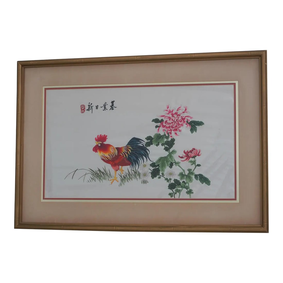Vintage Chinese Silk Stitched Rooster Art Framed 30x20.5 (1 of 10)
