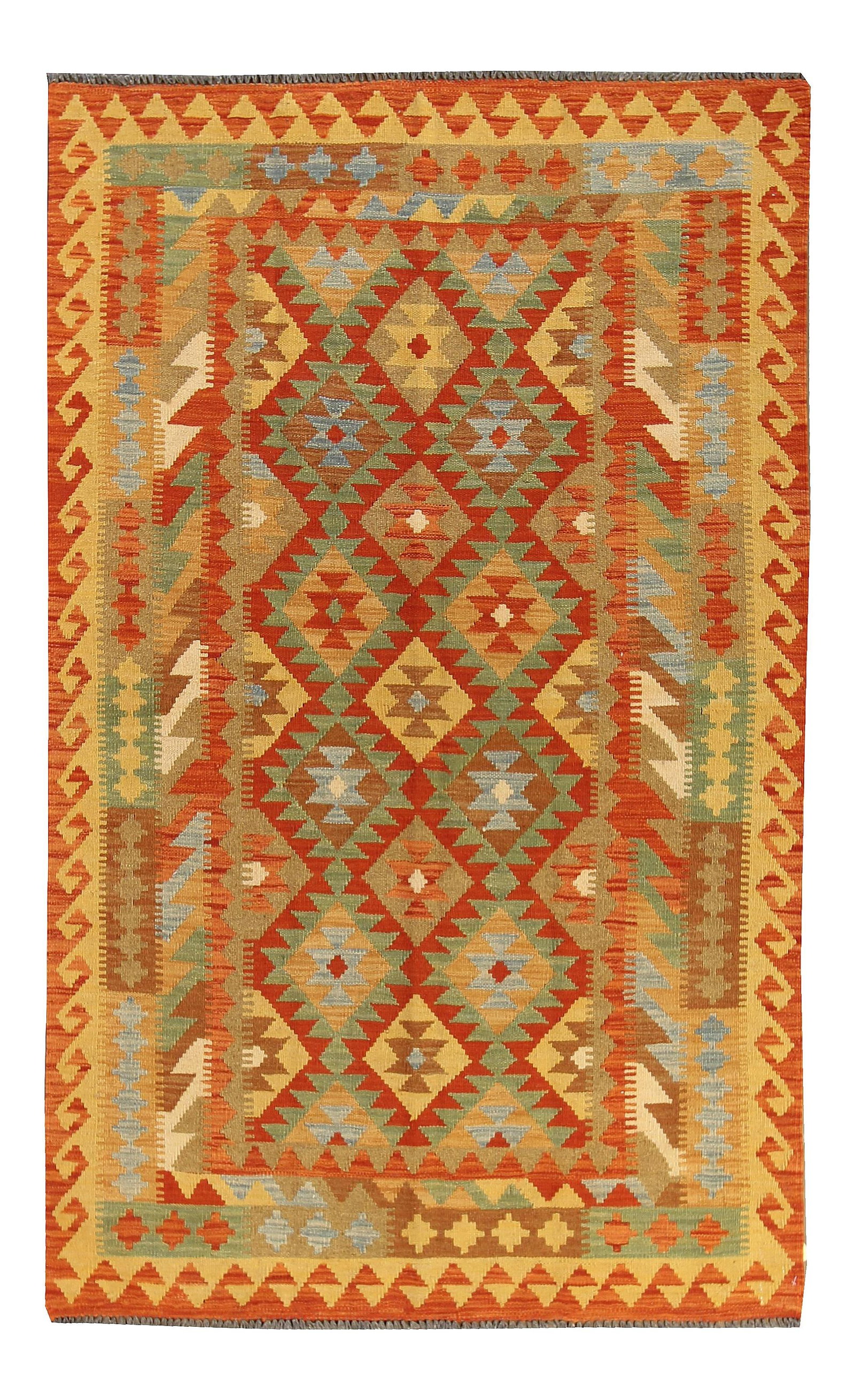 Hand-Woven Orange Geometric Kilim Rug 4'4" x 6'11" Wool: Hand-Woven Orange Geometric Kilim Rug 4'4" x 6'11" Wool Enhance your living space with this stunning hand-woven Kilim rug, featuring a captivating geometric motif. Crafted from high-quality wool, this