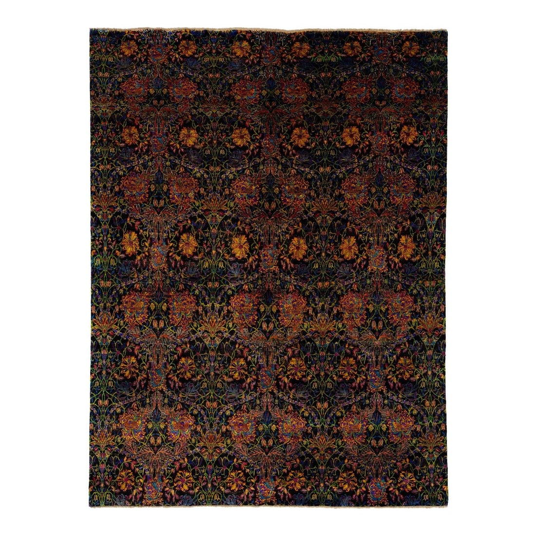 Hand-Knotted Sari Silk Rug 8'9" x 11'7" Dark Gray Floral Design: Hand-Knotted Sari Silk Rug 8'9" x 11'7" Dark Gray Floral Design Enhance your living space with this exquisite hand-knotted Sari silk rug, featuring a captivating abstract floral design in a vibrant co