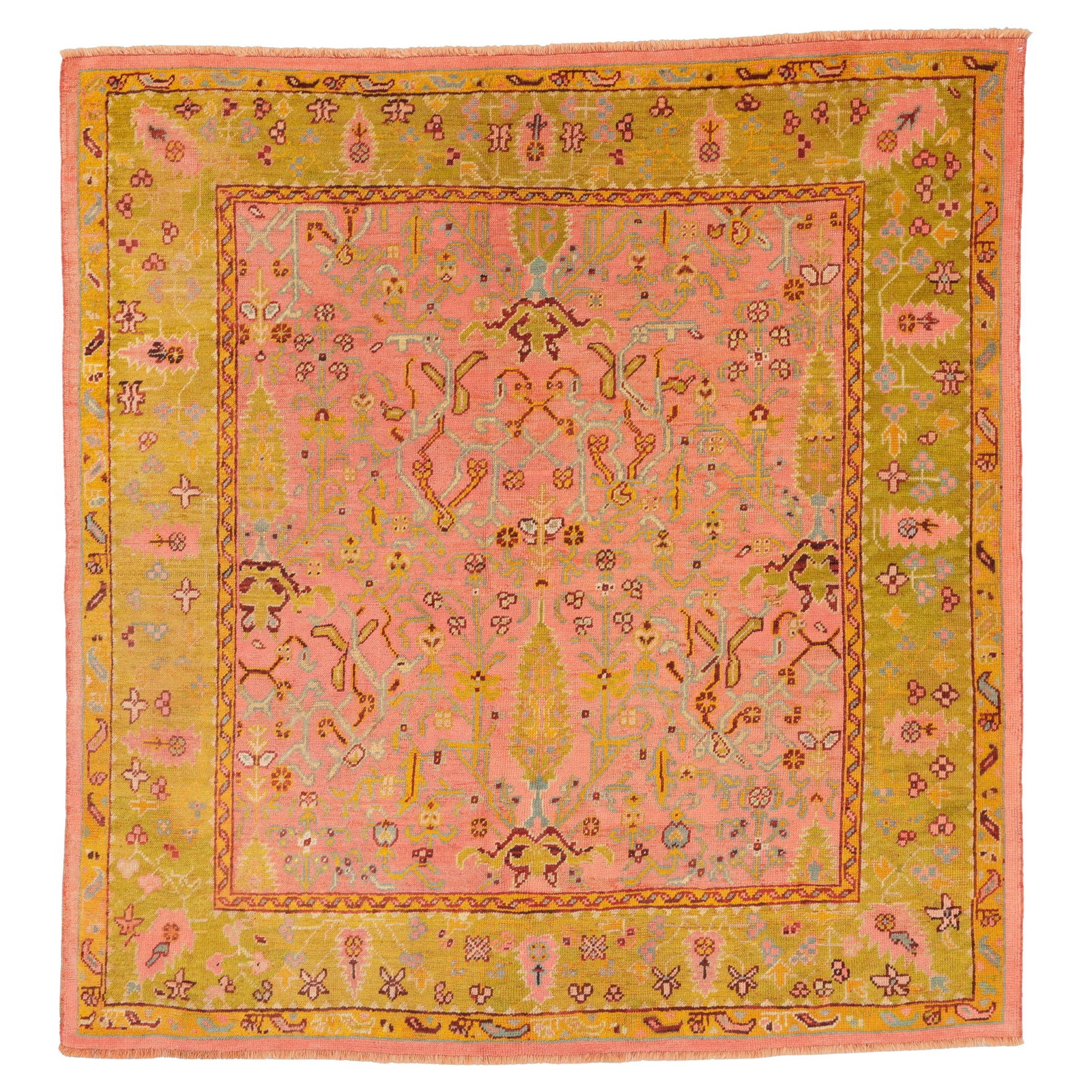 Antique Oushak Square Rug Pink Chartreuse Wool Hand-Woven Turkey (1 of 12)
