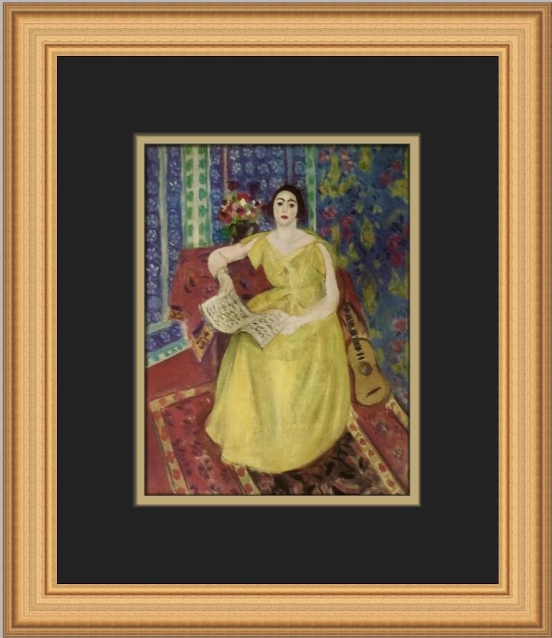 Henri Matisse The Yellow Dress with Guitar Custom Framed Art Print: Henri Matisse The Yellow Dress with Guitar Custom Framed Art Print Enhance your art collection with this stunning custom framed print of Henri Matisse's "The Yellow Dress with Guitar." This expression