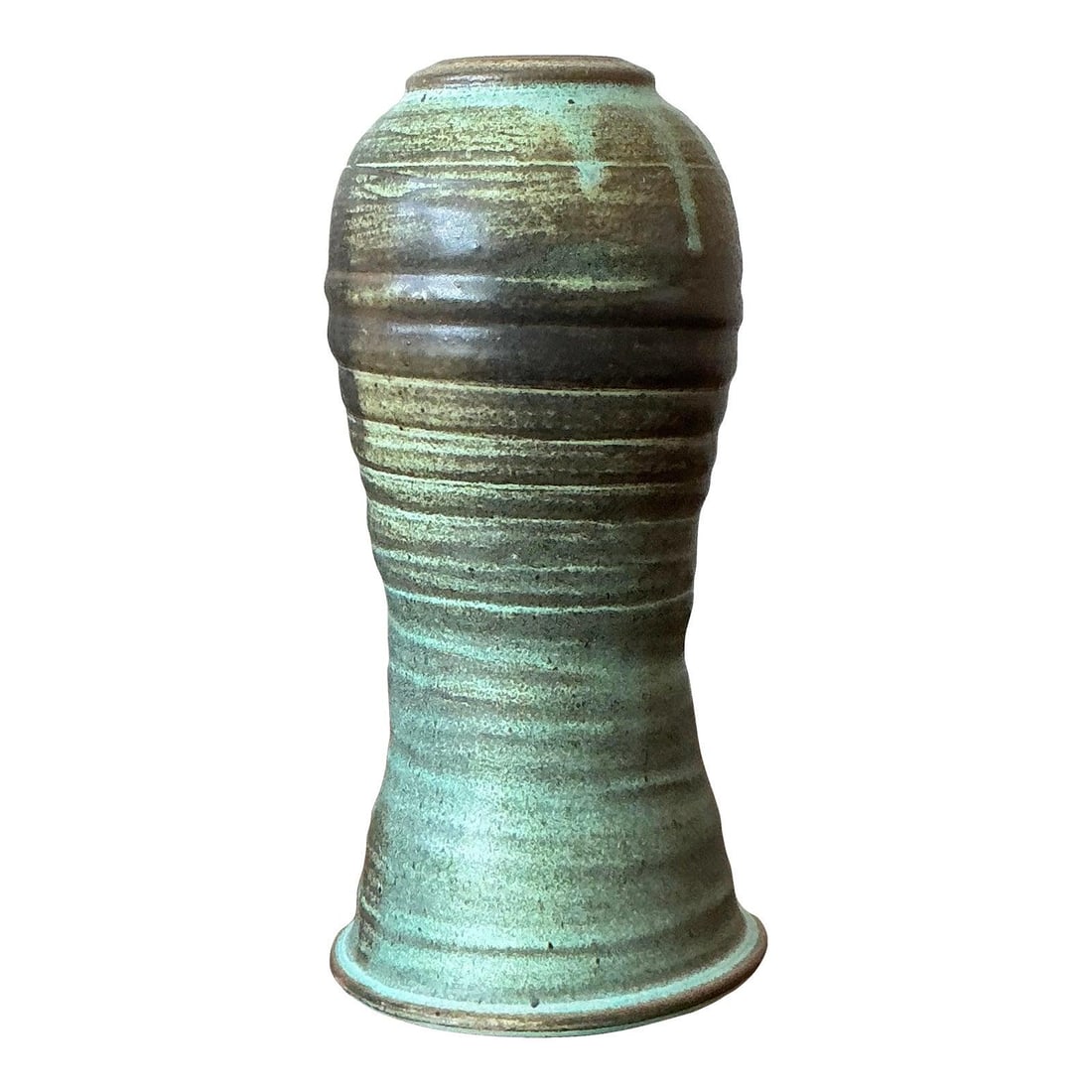 Handmade Ceramic Vase With Brown And Teal Glaze Studio Pottery 10 Inch: Handmade Ceramic Vase With Brown And Teal Glaze Studio Pottery 10 Inch This vintage studio pottery vase showcases artisanal craftsmanship with its hand-thrown construction and unique, undulating form.