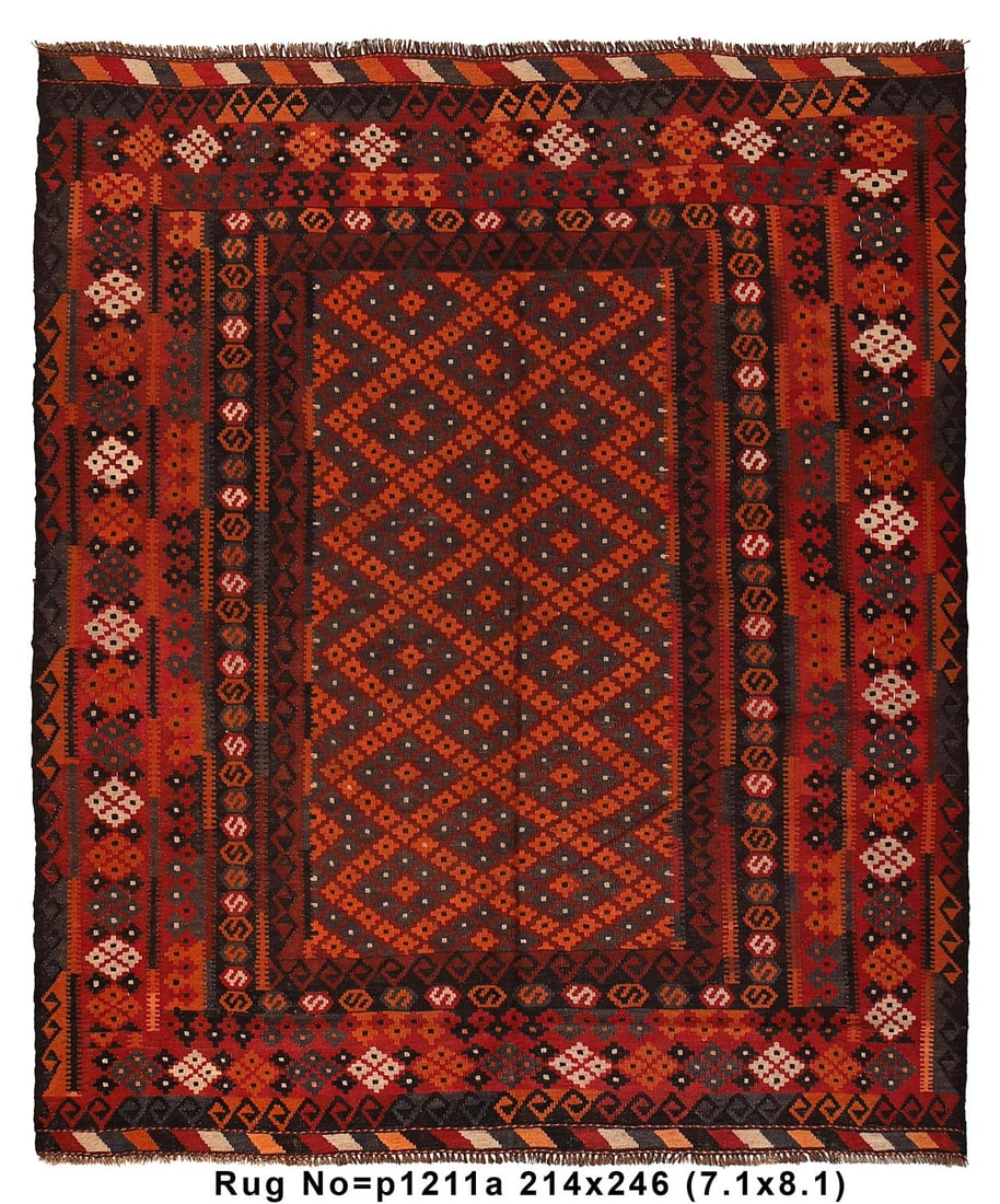7.1 x 8.1 Handmade Semi-Antique Wool Kilim Rug from Afghanistan (1 of 8)