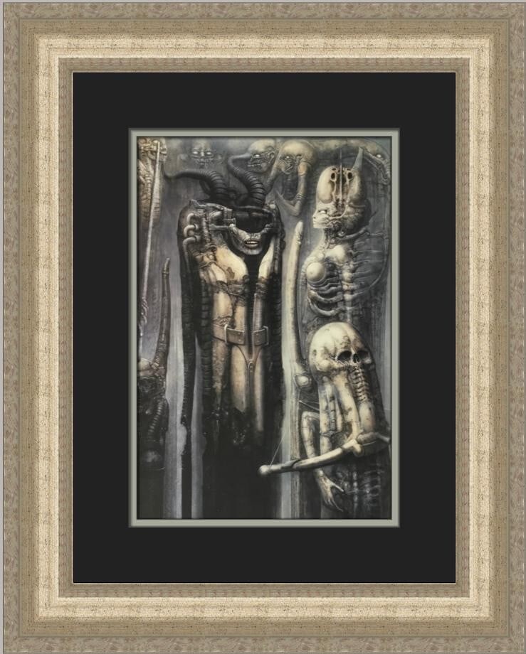 H.R. Giger Biomechanoid III Custom Framed Art Print 20 x 17: H.R. Giger Biomechanoid III Custom Framed Art Print 20 x 17 Presenting H.R. Giger's captivating Biomechanoid III, this custom framed print is a striking piece of fantasy surrealism. Created in 1993, i