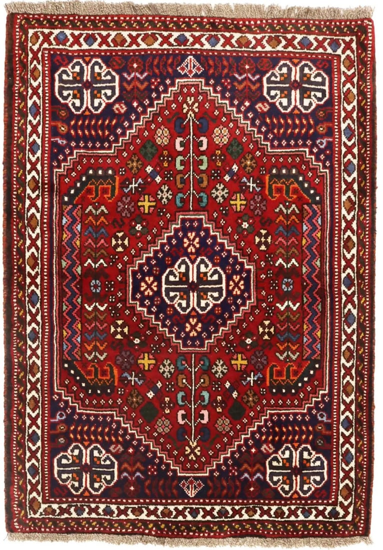 Hand-Knotted Wool Geometric Tribal Area Rug 3'5 x 4'10: Hand-Knotted Wool Geometric Tribal Area Rug 3'5 x 4'10 This handmade area rug features a geometric tribal design in shades of red, cream, plum, marigold, green, and pale pink. Crafted using a hand-kno