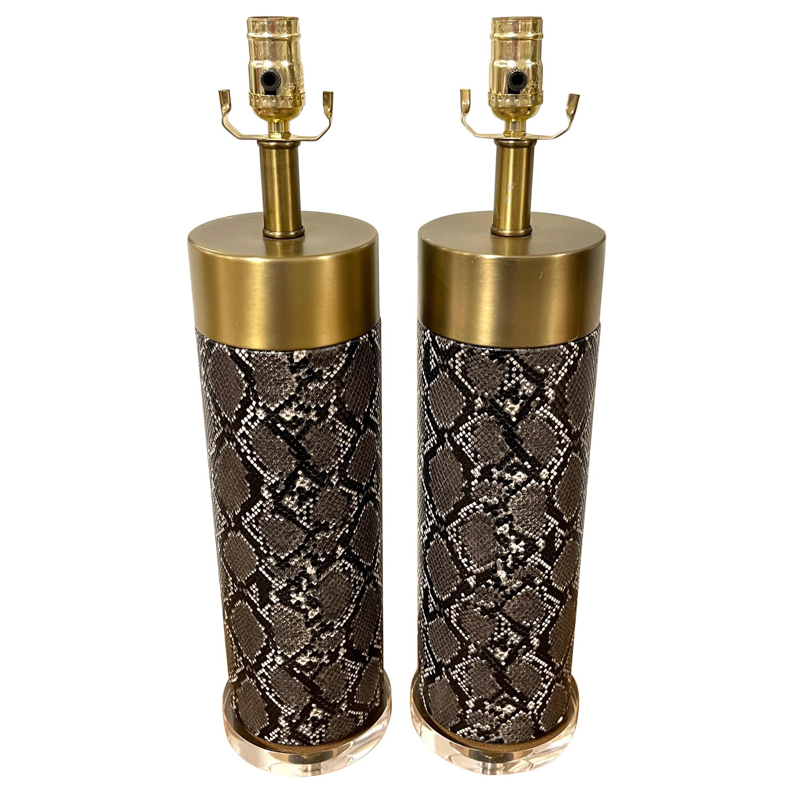 Set of 2 Modern Brass Faux Snakeskin Lucite Column Lamps (1 of 9)