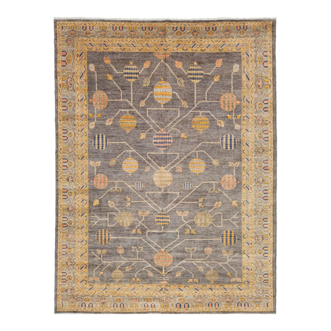 Hand-Knotted Wool Rug Khotan Style Pomegranate Motif Charcoal Ochre 8'10 x 11'8: Hand-Knotted Wool Rug Khotan Style Pomegranate Motif Charcoal Ochre 8'10 x 11'8 This hand-knotted wool rug showcases the iconic Khotan style, featuring a dark charcoal-grey field with a geometric Tree