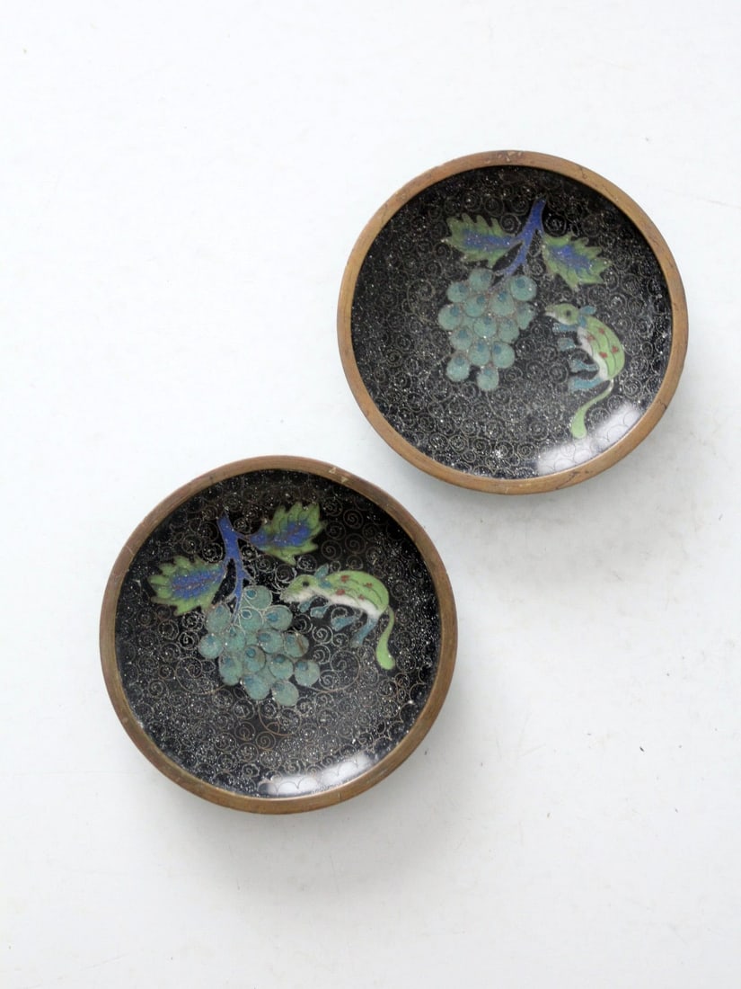 Pair of Vintage Chinese Cloisonne Plates Floral Design: Pair of Vintage Chinese Cloisonne Plates Floral Design This exquisite pair of vintage Chinese cloisonne plates showcases stunning floral patterns in vibrant blue, green, and black tones. Crafted with
