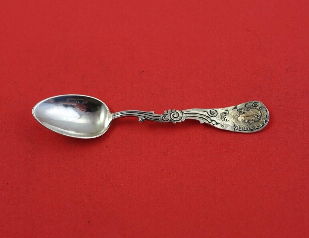 Shiebler Medallion Etruscan Sterling Silver Coffee Spoon with Gold Maiden 5in: Shiebler Medallion Etruscan Sterling Silver Coffee Spoon with Gold Maiden 5in This exquisite sterling silver coffee spoon, known as the Medallion or Etruscan pattern by Shiebler, dates back to the per