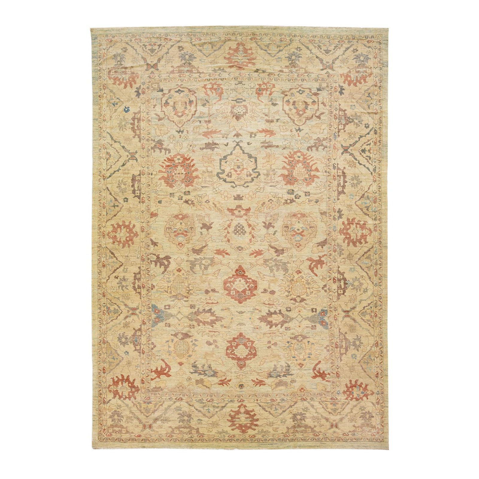 Modern Sultanabad Handmade Wool Rug 13' x 18'7' Floral Design Beige Blue: Modern Sultanabad Handmade Wool Rug 13' x 18'7' Floral Design Beige Blue This exquisite modern Sultanabad rug features a stunning blue color field, elegantly framed by rust-orange and brown accents th