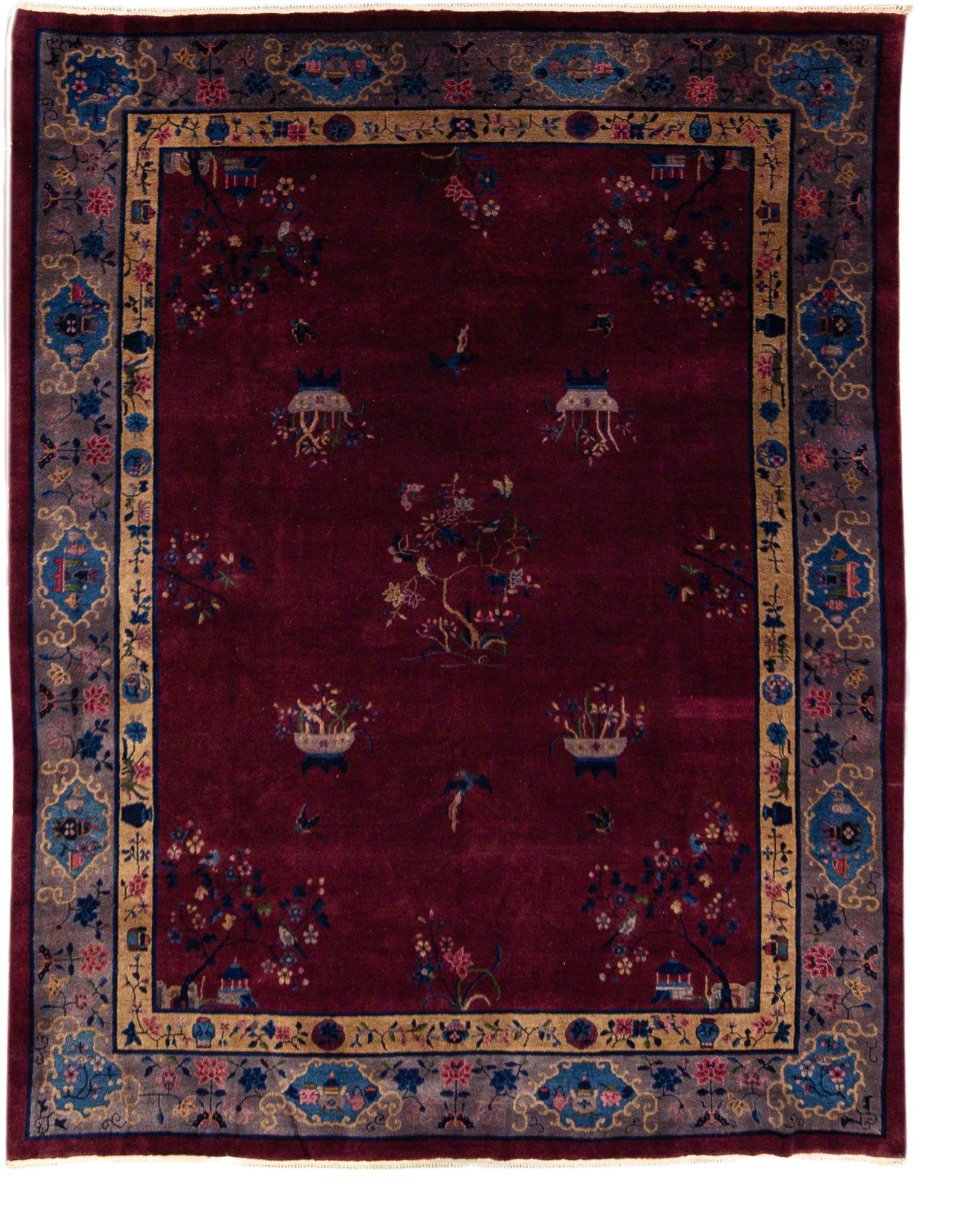 Antique Peking Chinese Floral Wool Rug 9'4 x 11'9 Burgundy: Antique Peking Chinese Floral Wool Rug 9'4 x 11'9 Burgundy This stunning antique Peking Chinese rug showcases exquisite craftsmanship with its hand-knotted wool construction and a rich burgundy field.