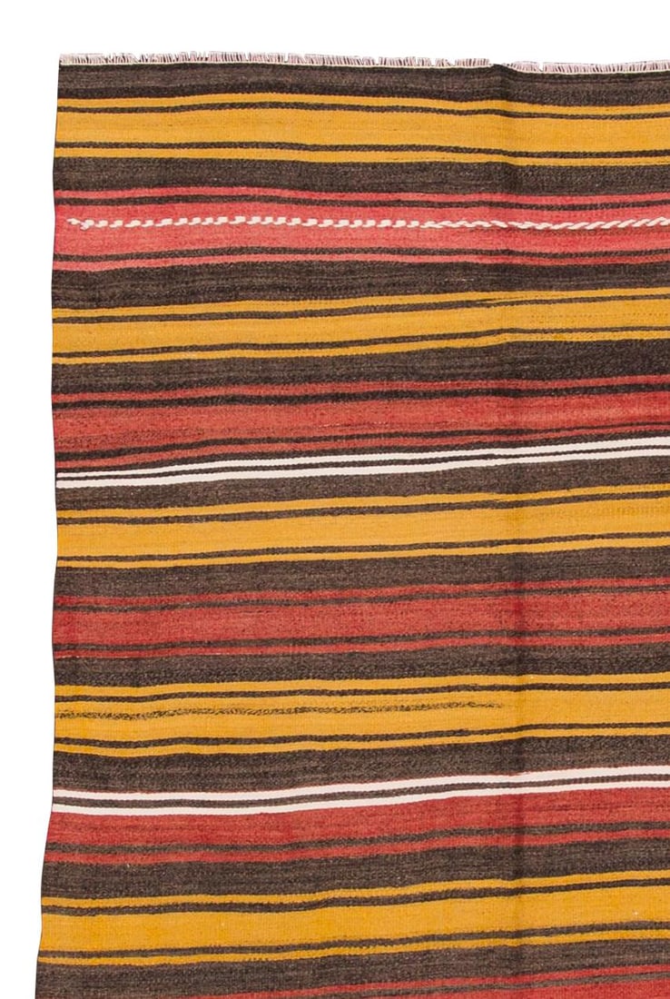 Vintage Turkish Kilim Rug Hand-Woven Striped Design 4'11 x 6'5 Red Wool: Vintage Turkish Kilim Rug Hand-Woven Striped Design 4'11 x 6'5 Red Wool This exquisite Mid-20th Century Vintage Turkish Kilim Rug is a stunning hand-woven piece featuring a vibrant striped design. Cra