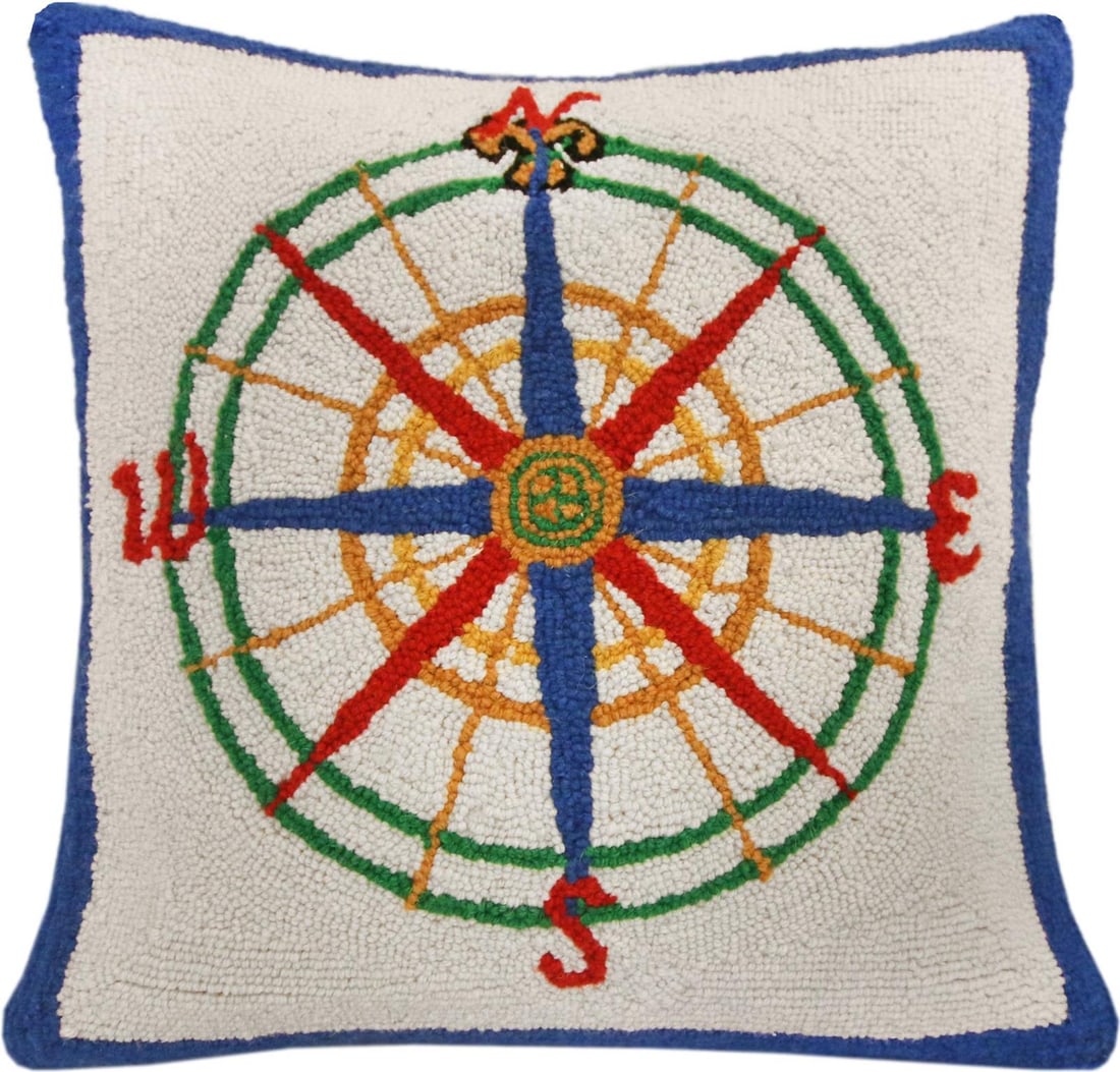 Nautical Compass Wool Pillow 20x20 Hand-Hooked Blue White Yellow (1 of 1)
