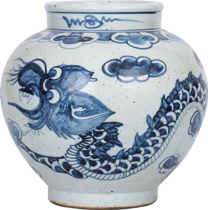 Asian Dragon Motif Hand-Crafted Blue Ceramic Jar 9" (1 of 2)