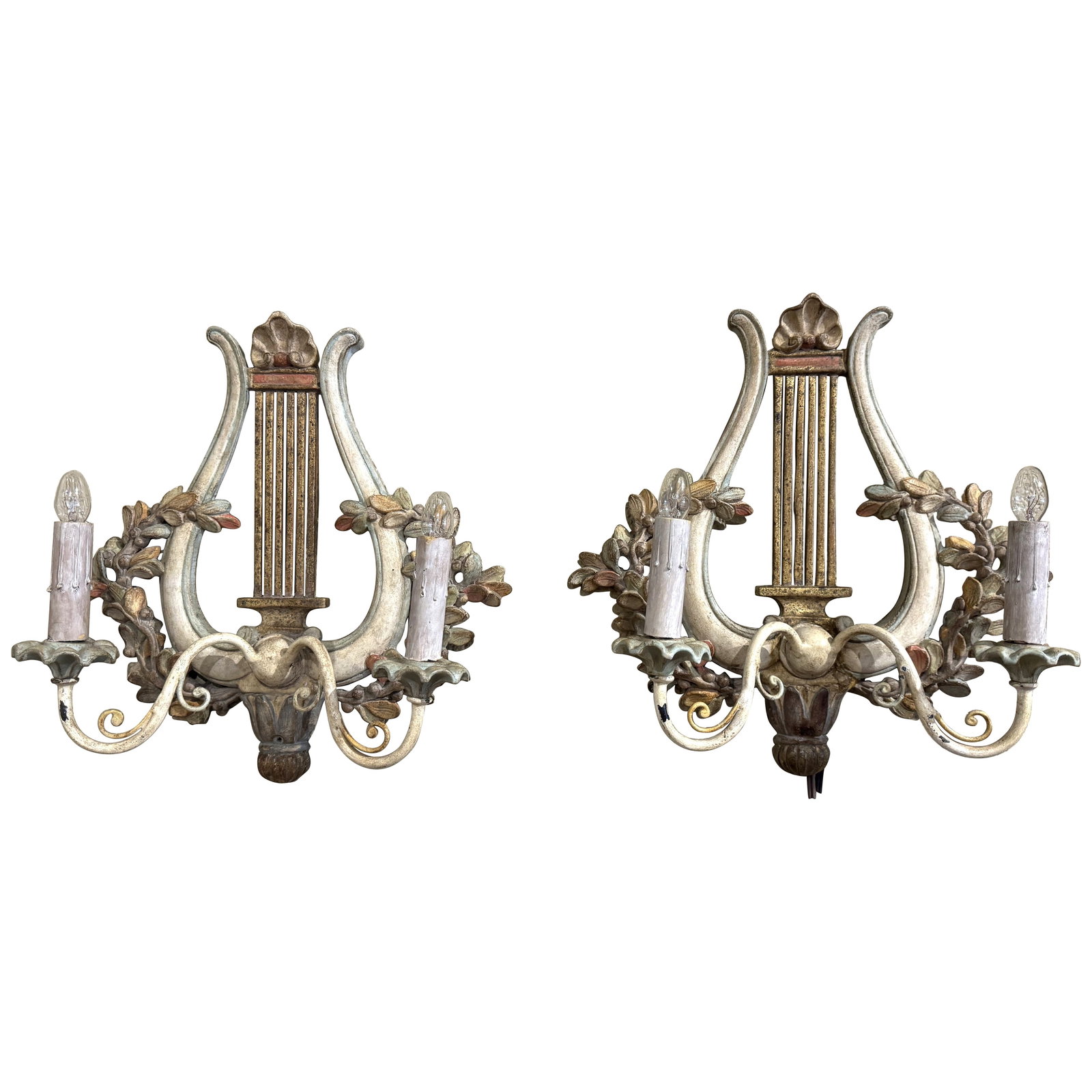 Set of 2 French Lyre Form Louis XVI Giltwood Wall Sconces Circa 1970: Set of 2 French Lyre Form Louis XVI Giltwood Wall Sconces Circa 1970 This pair of mid-century French two-light wall sconces features a lyre design inspired by classical motifs, blending neoclassical a