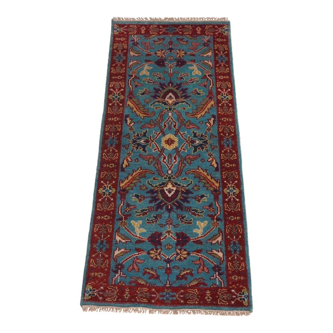 Blue Handwoven Wool Runner Rug 2.5' x 6' Vibrant Estate Find: Blue Handwoven Wool Runner Rug 2.5' x 6' Vibrant Estate Find Hand woven runner rug crafted from 100% wool, featuring bright and vibrant blue tones. This high-quality piece offers traditional craftsman