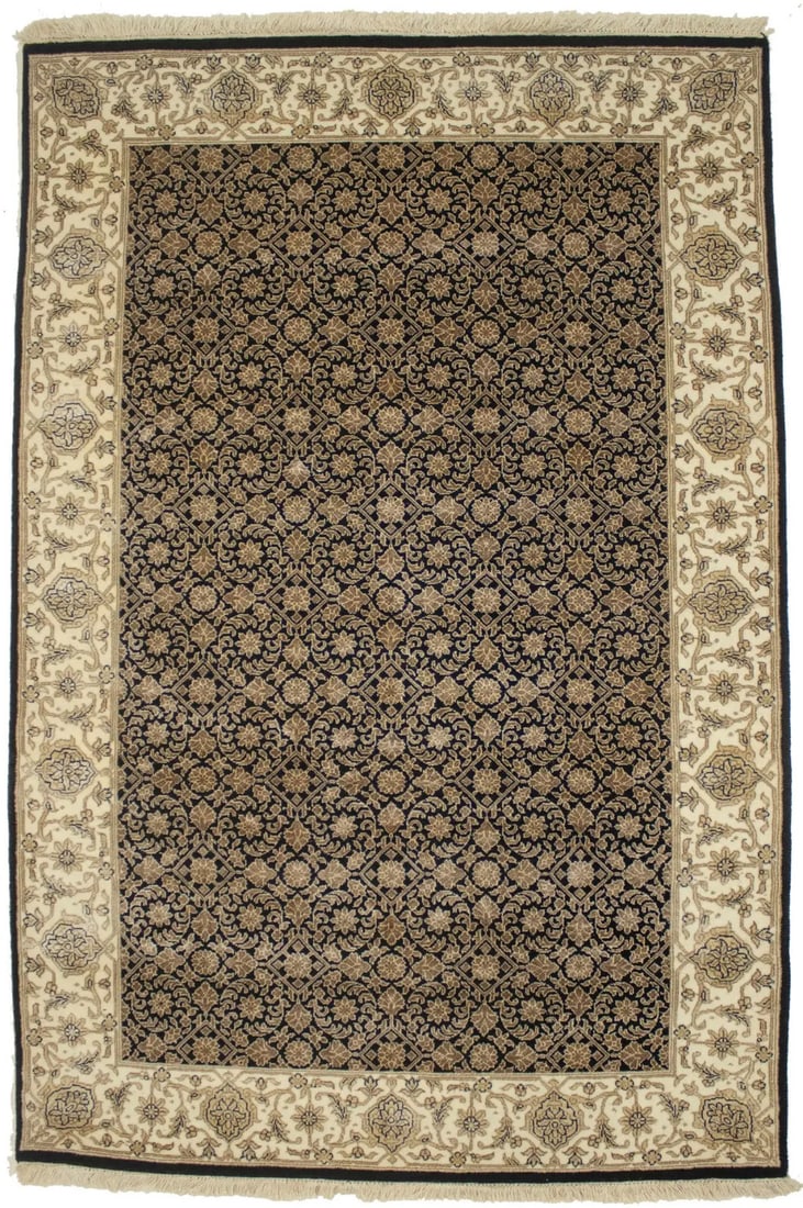 Hand-Knotted Wool Floral Area Rug Modern Herati Pattern 4'1 x 6'1: Hand-Knotted Wool Floral Area Rug Modern Herati Pattern 4'1 x 6'1 This extra fine Oriental area rug features a classic Herati floral design in a harmonious palette of black, cream, brown, and beige. H
