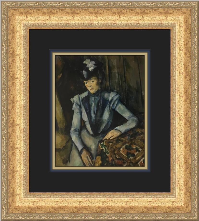 Paul Cezanne A Seated Woman in Blue Custom Framed Print 18x16: Paul Cezanne A Seated Woman in Blue Custom Framed Print 18x16 This elegant custom framed print features Paul Cezanne's iconic work, "A Seated Woman in Blue". The piece showcases a blend of Expressioni