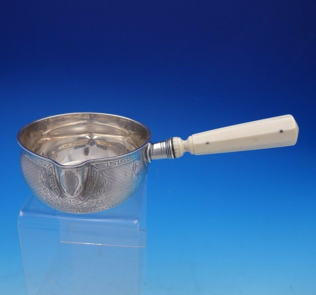 Philippe Berthier Sterling Silver Sauce Boat with Faux Ivory Handle: Philippe Berthier Sterling Silver Sauce Boat with Faux Ivory Handle This exquisite sauce boat, crafted by Philippe Berthier, showcases the elegance of French design from the early to mid-19th century.