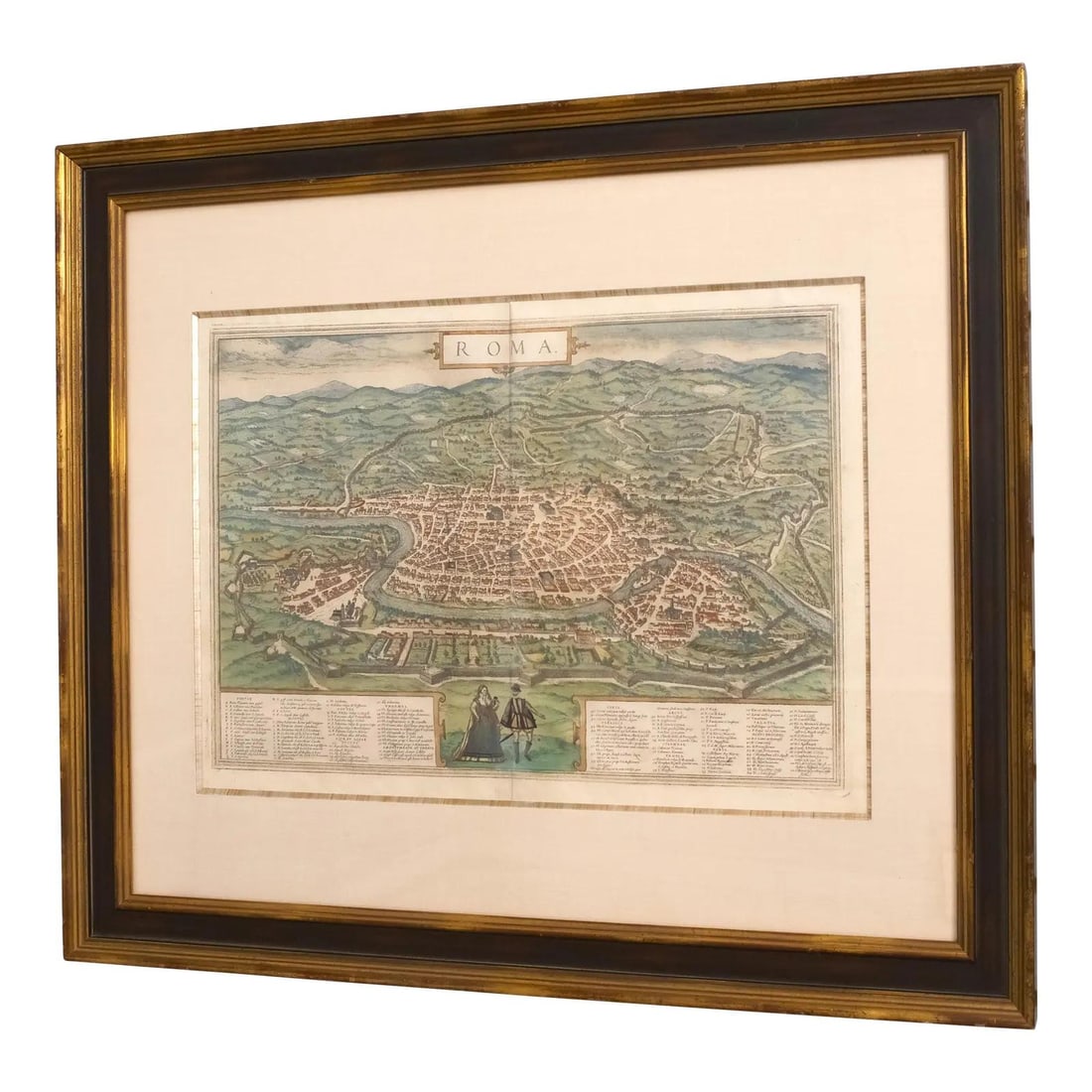 Framed 17th Century Hand Colored Map of Rome by Hogensberg: Framed 17th Century Hand Colored Map of Rome by Hogensberg This exquisite antique framed map of Rome, Italy, dates back to the 17th century, specifically around 1550-1650. It features vibrant hand-col
