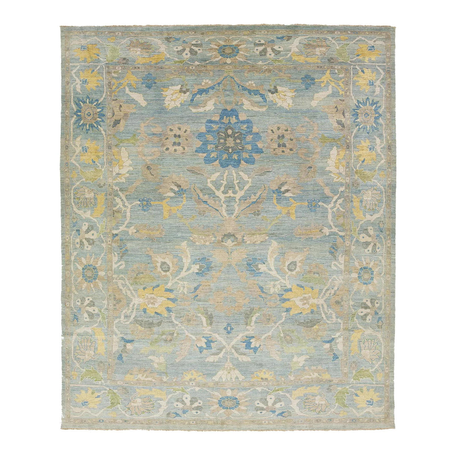 Light Blue Floral Wool Sultanabad Rug 12'6 x 15'1: Light Blue Floral Wool Sultanabad Rug 12'6 x 15'1 Enhance your space with this exquisite hand-knotted Sultanabad wool rug featuring a serene light blue background adorned with vibrant, multicolored fl