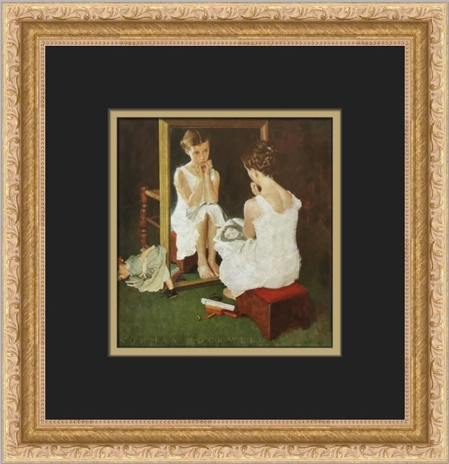 Norman Rockwell Girl at the Mirror Custom Framed Art Print 1986: Norman Rockwell Girl at the Mirror Custom Framed Art Print 1986 This stunning custom framed print titled "Girl at the Mirror" by Norman Rockwell captures the essence of realism in art. Created in 1986