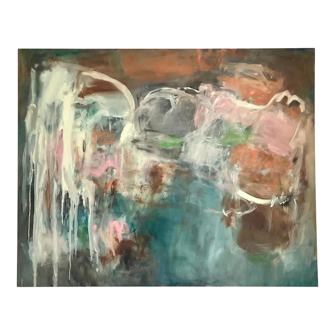 Large Boho Style Abstract Oil Painting on Canvas Unframed 60 x 48 in: Large Boho Style Abstract Oil Painting on Canvas Unframed 60 x 48 in This original abstract oil on canvas features a dynamic composition with layered brushwork in soft terracotta, blush pinks, deep te