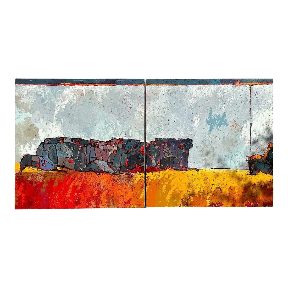 Two Panel Bohemian Style Horse Artwork on Large Canvas: Two Panel Bohemian Style Horse Artwork on Large Canvas This vintage boho monumental horse diptych features a grand, two-panel canvas artwork depicting a majestic horse in a bohemian-inspired style. Dy