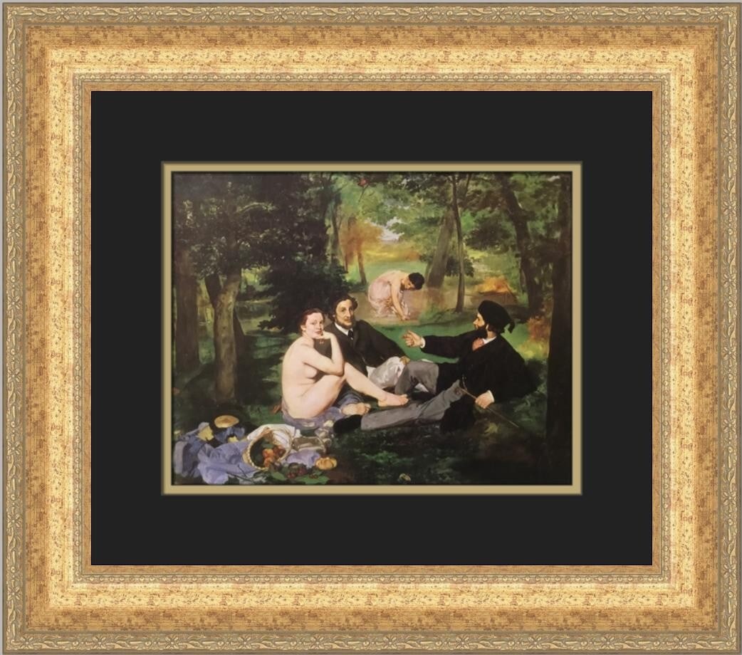 Edouard Manet Luncheon on the Grass Custom Framed Art Print: Edouard Manet Luncheon on the Grass Custom Framed Art Print This custom framed print features Edouard Manet's iconic artwork "Luncheon on the Grass," showcasing a striking depiction of nude figures. T
