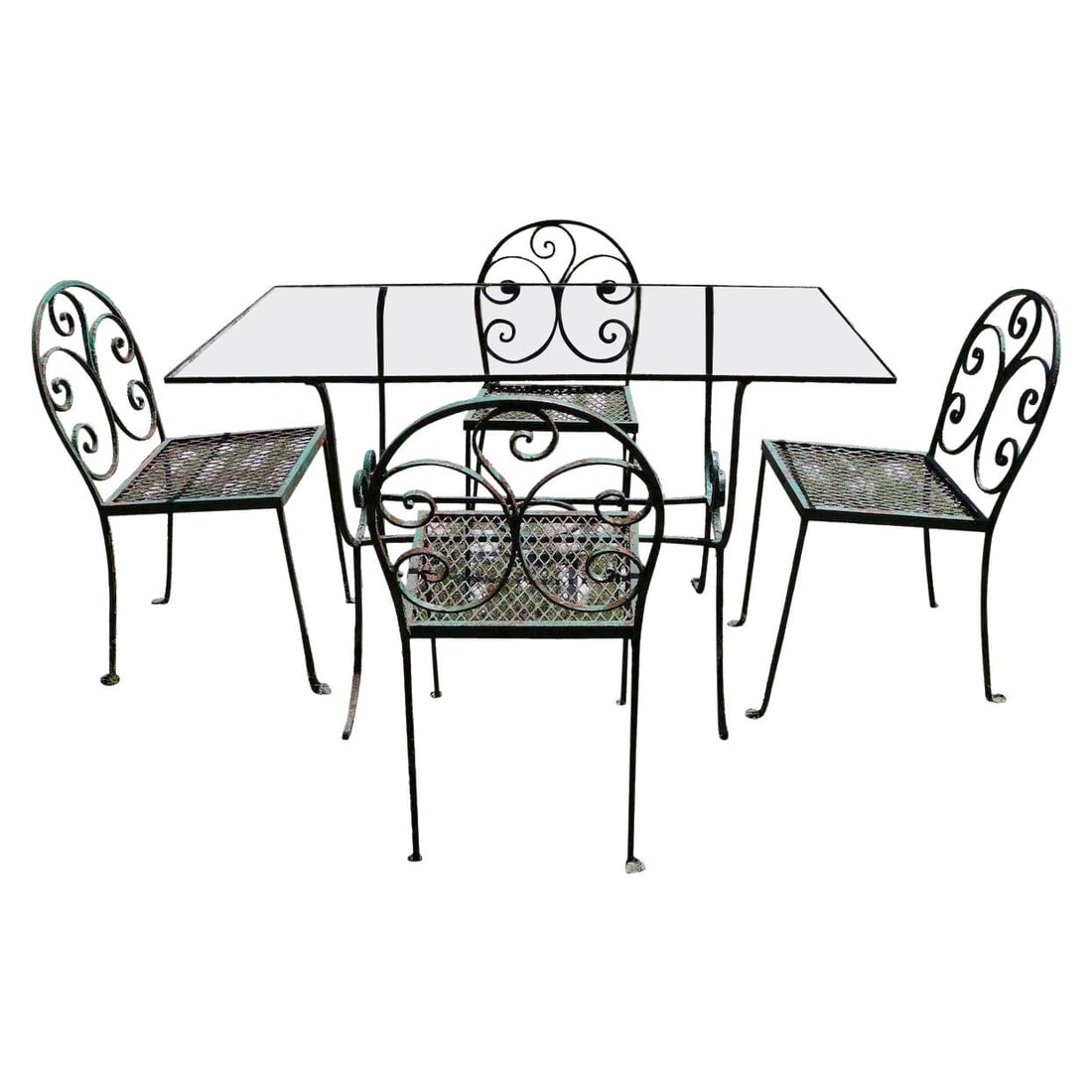 Salterini Style Art Deco Garden Patio Dining Set Wrought Iron Glass: Salterini Style Art Deco Garden Patio Dining Set Wrought Iron Glass This elegant Art Deco garden patio dining set, inspired by Salterini, features a glass top table accompanied by four matching armles