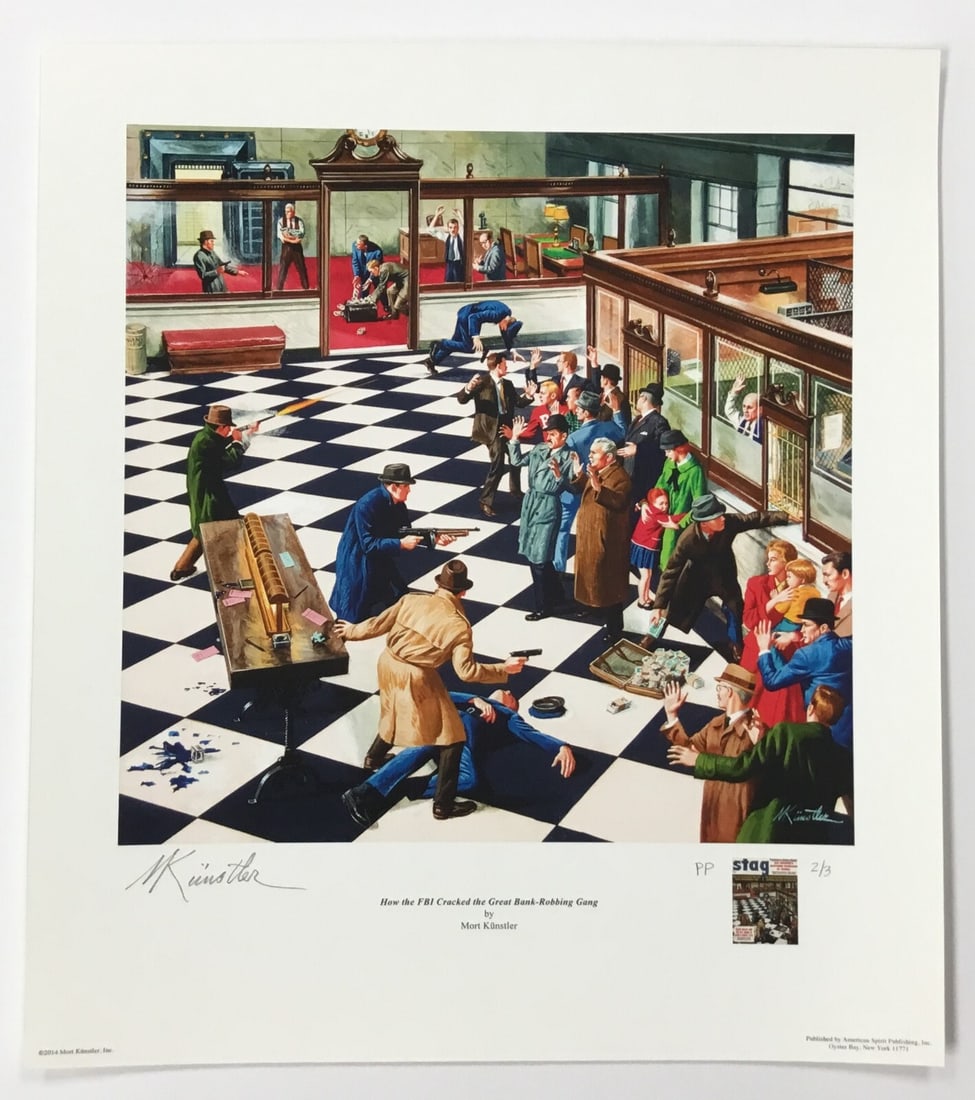 Mort Kunstler FBI Bank Robbery Gang Limited Edition Giclee Print Signed: Mort Kunstler FBI Bank Robbery Gang Limited Edition Giclee Print Signed This striking giclee print by acclaimed artist Mort Kunstler captures the essence of historical pulp fiction with its illustrati
