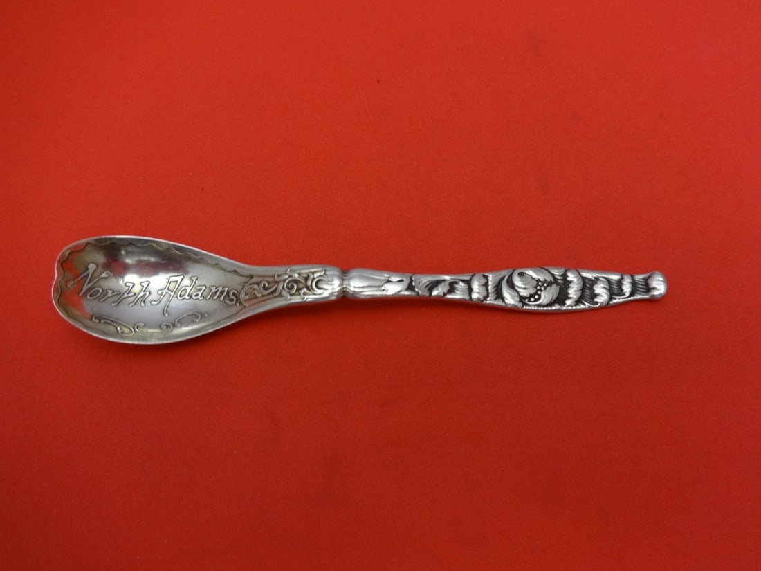 Whiting Blossom Sterling Silver Souvenir Egg Spoon North Adams 4 3/8: Whiting Blossom Sterling Silver Souvenir Egg Spoon North Adams 4 3/8 This exquisite egg spoon is crafted from high-quality sterling silver by Whiting, featuring the elegant Blossom pattern. Measuring