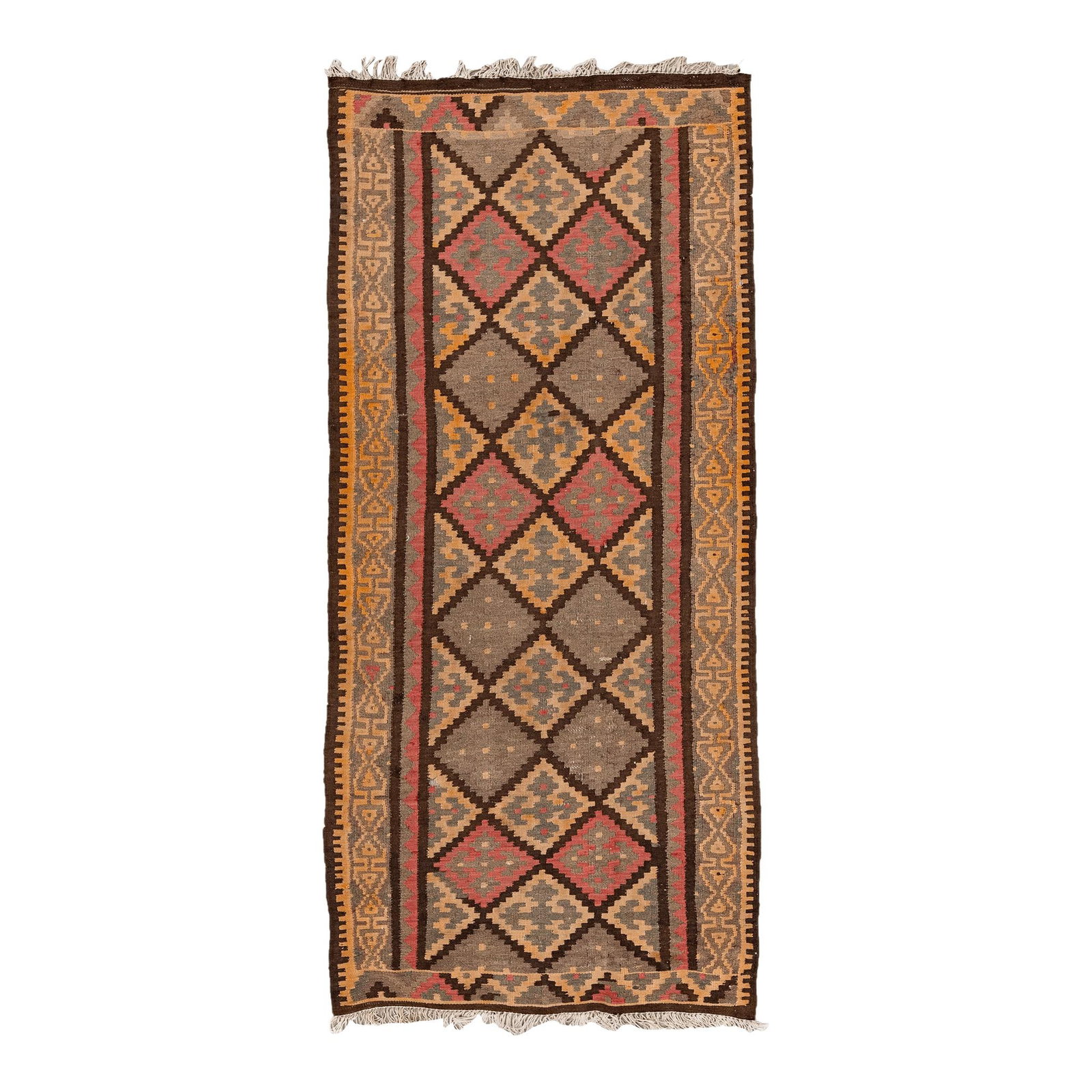 Vintage Kilim Handmade Wool Runner Orange Geometric 3'8'' x 8'3'': Vintage Kilim Handmade Wool Runner Orange Geometric 3'8'' x 8'3'' This vintage Kilim handmade flatweave runner showcases a vibrant orange field adorned with a stunning all-over geometric design. Craft