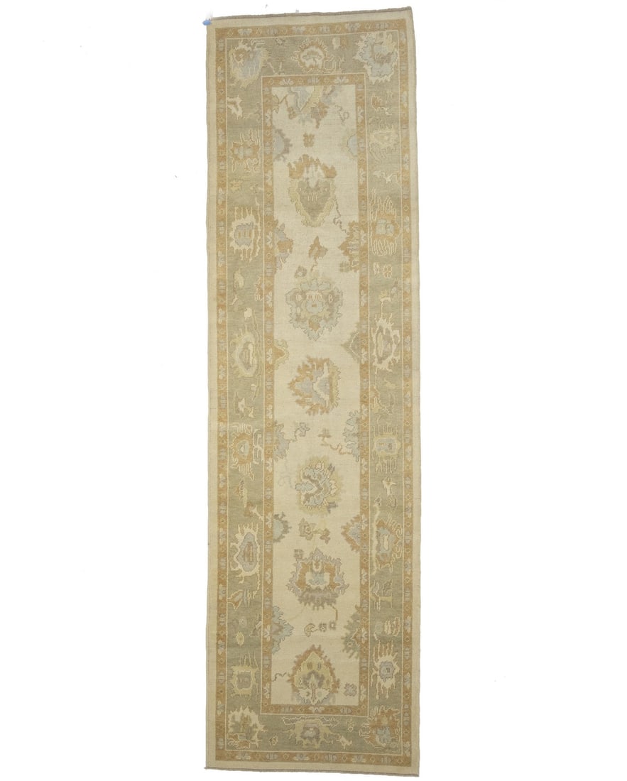 3'6 x 12'7 Wool Oushak Floral Runner Rug Hand-Knotted Turkish Carpet: 3'6 x 12'7 Wool Oushak Floral Runner Rug Hand-Knotted Turkish Carpet Enhance your space with this exquisite Turkish Oushak Runner Rug, featuring a stunning floral design that adds a touch of elegance