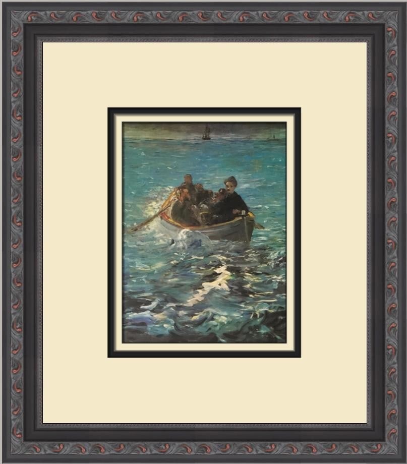Edouard Manet Rochefort's Escape Custom Framed Art Print: Edouard Manet Rochefort's Escape Custom Framed Art Print This custom framed print of Edouard Manet's "Rochefort's Escape" elegantly showcases the Impressionist style. Measuring 12 in. by 11 in., the a