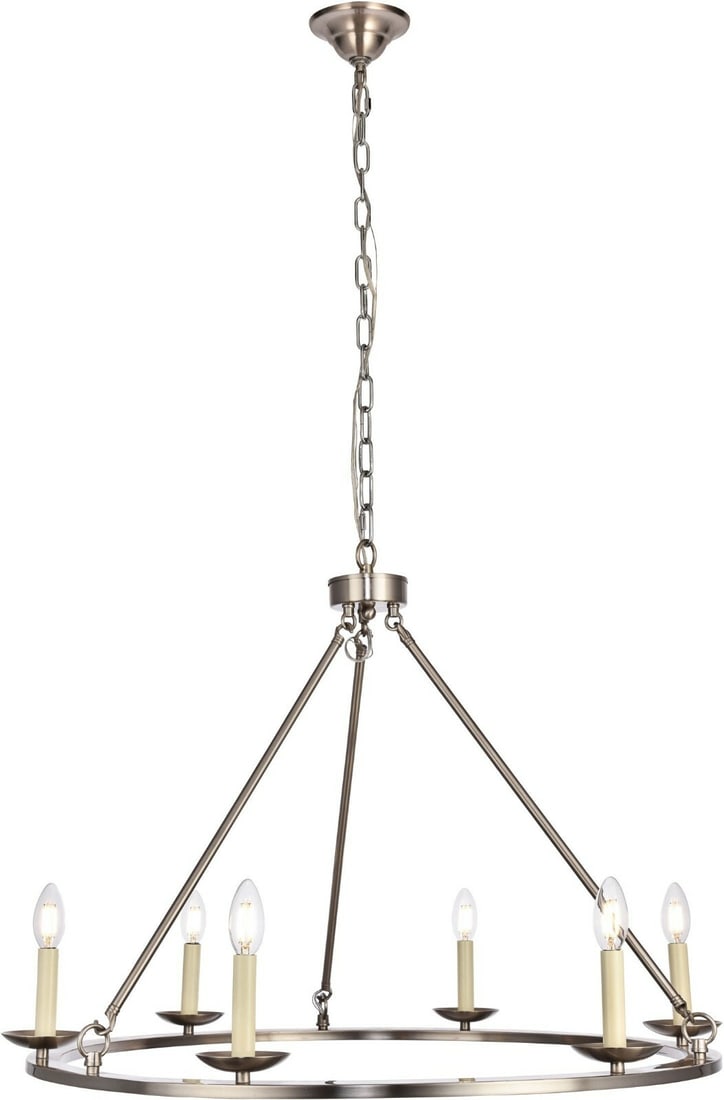 Maine 6 Light Chandelier Burnished Nickel Metal Frame for Dining or Living Room: Maine 6 Light Chandelier Burnished Nickel Metal Frame for Dining or Living Room This modern farmhouse chandelier features a burnished nickel finish and a durable metal frame with cast iron, crystal, g