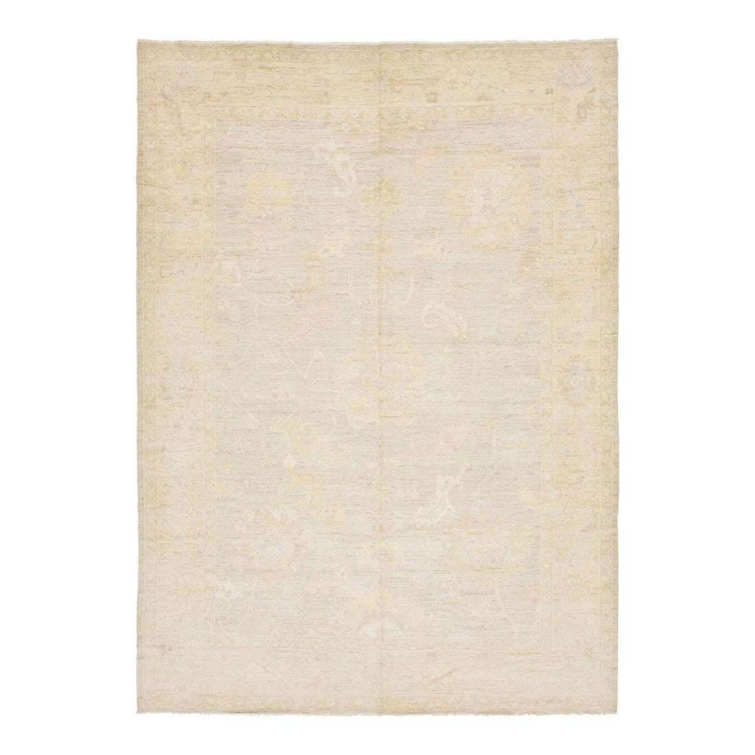 10'1 x 14'1 Hand-Knotted Wool Area Rug in Modern Oushak Design: 10'1 x 14'1 Hand-Knotted Wool Area Rug in Modern Oushak Design This Modern Oushak style rug is hand-knotted from premium wool and features oversized floral motifs and traditional palmettes in a soft p