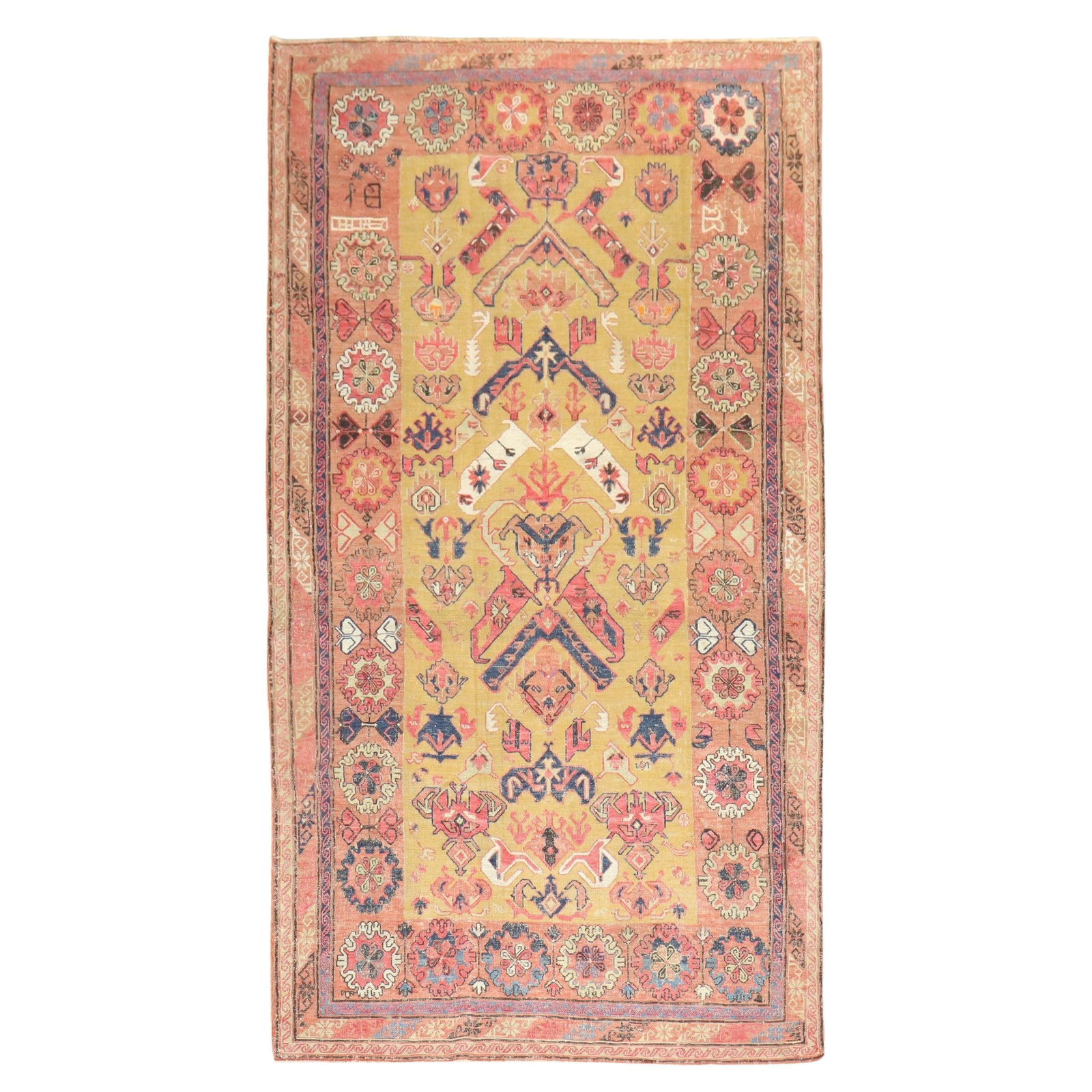 19th Century Gold Persian Soumac Tribal Flatweave Wool Rug 7' x 10': 19th Century Gold Persian Soumac Tribal Flatweave Wool Rug 7' x 10' This exquisite late-19th century Persian Soumak rug features a unique tribal all-over geometric design set against a captivating gol