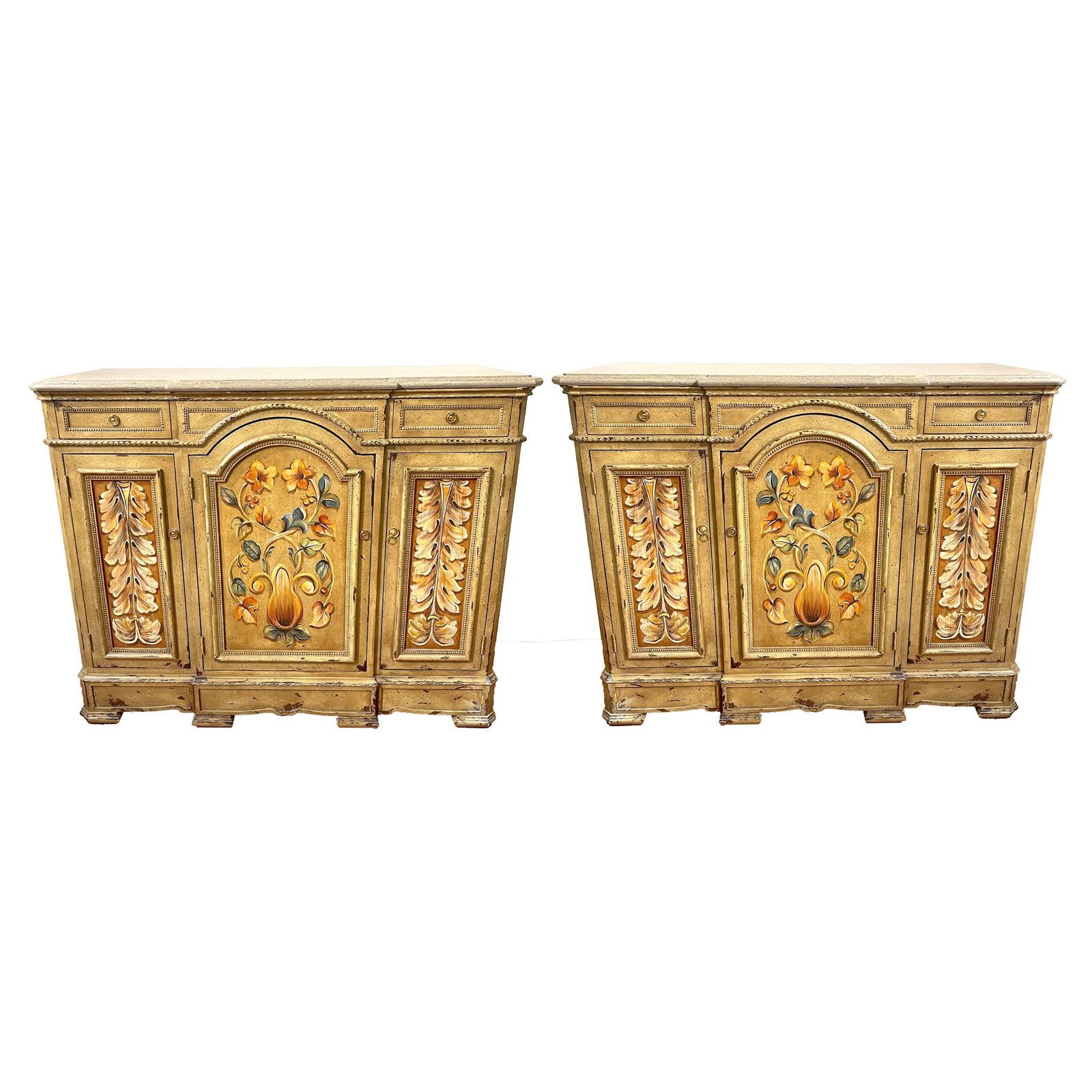 Limited Edition Tuscan Credenzas by Susan Kaiser for Hickory Chair Set of 2: Limited Edition Tuscan Credenzas by Susan Kaiser for Hickory Chair Set of 2 This stunning pair of Tuscan painted and marble top credenzas, designed by Susan Kaiser for Hickory Chair, showcases exquisi