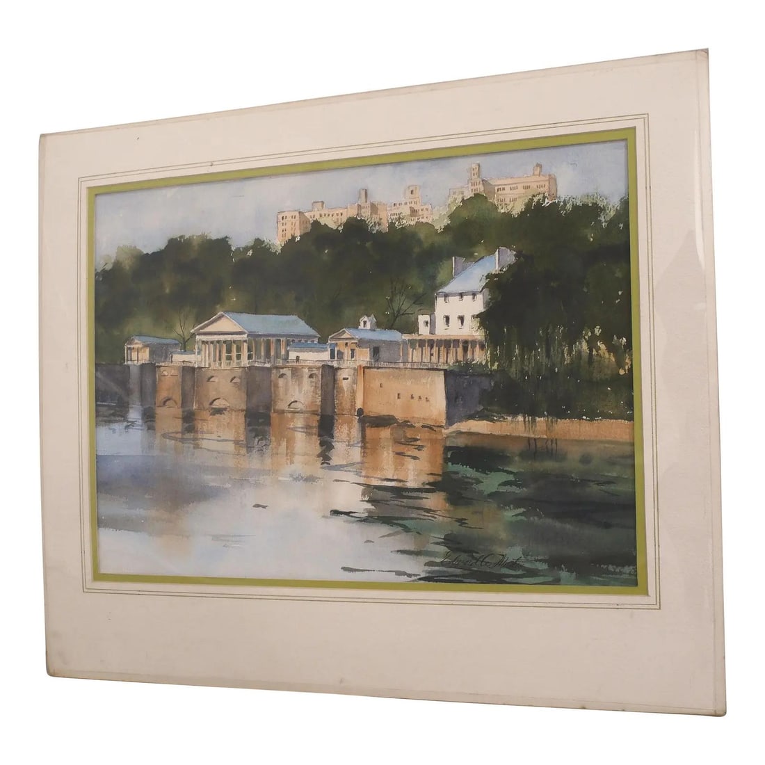 Edward Martin Hand-Painted Watercolor River Scene Vintage Art: Edward Martin Hand-Painted Watercolor River Scene Vintage Art This exquisite hand-painted watercolor by Edward Martin captures a serene river scene titled 'Spring House, Yellow Spring.' Approximately