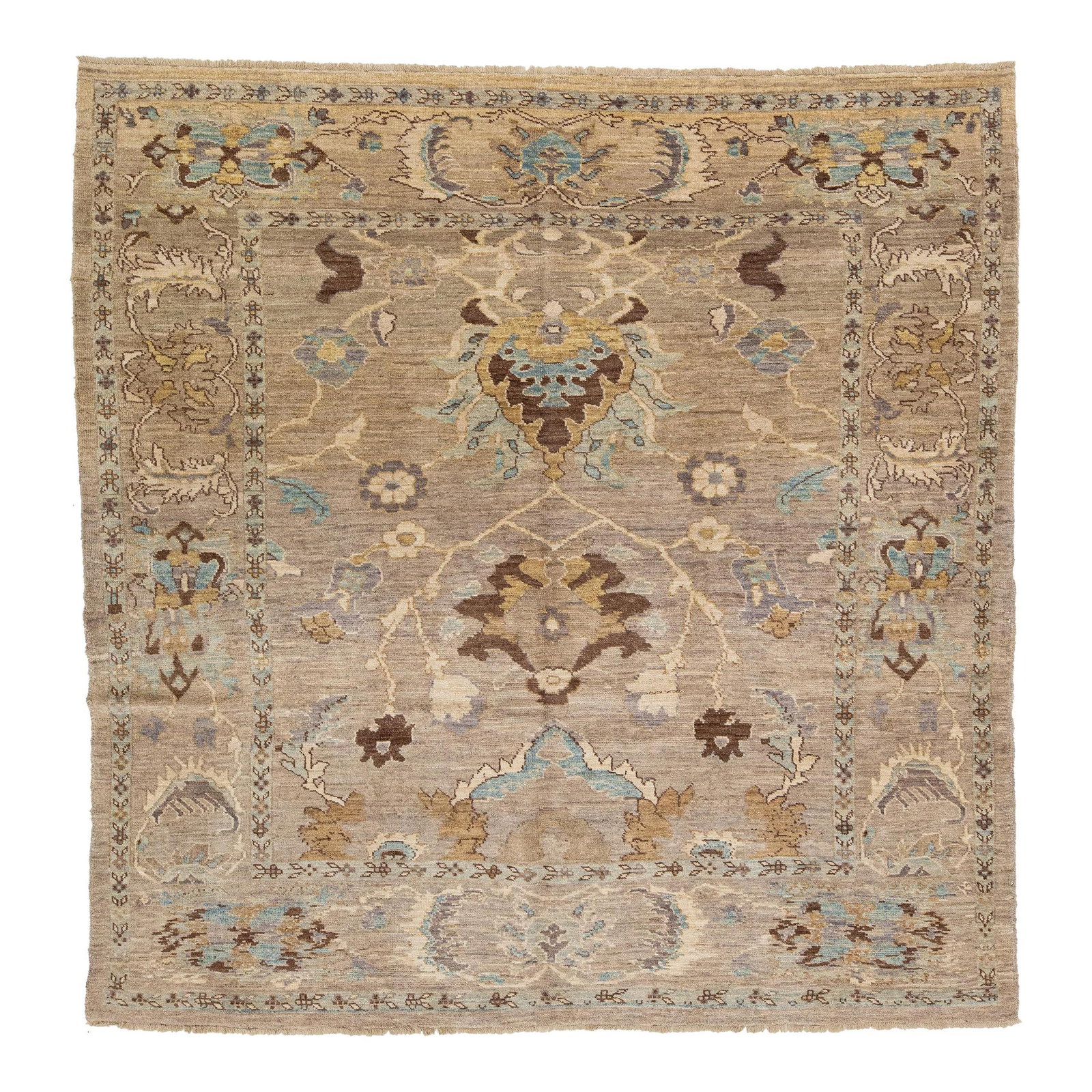 Persian Wool Rug 8'1 x 8'3 Light Brown Modern Design: Persian Wool Rug 8'1 x 8'3 Light Brown Modern Design Enhance your living space with this exquisite hand-knotted Persian wool rug. Showcasing a sophisticated design in blue, beige, and brown against a