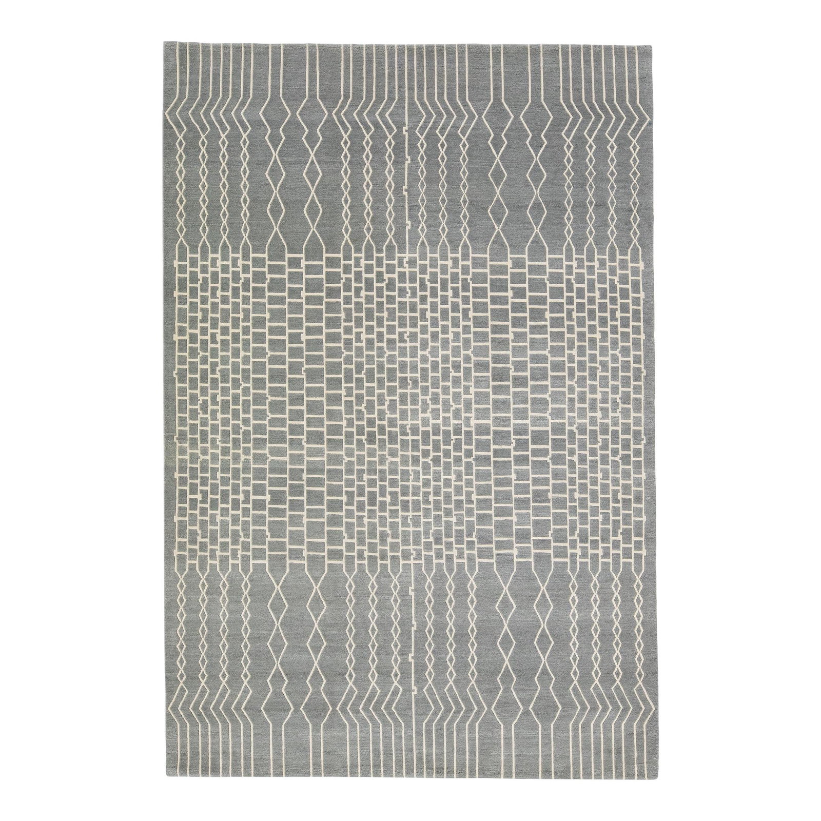 Handmade Gray Geometric Wool Silk Tibetan Rug 6 x 9: Handmade Gray Geometric Wool Silk Tibetan Rug 6 x 9 Enhance your space with this exquisite contemporary Tibetan rug, meticulously handmade from a luxurious blend of wool and silk. Featuring a captivat
