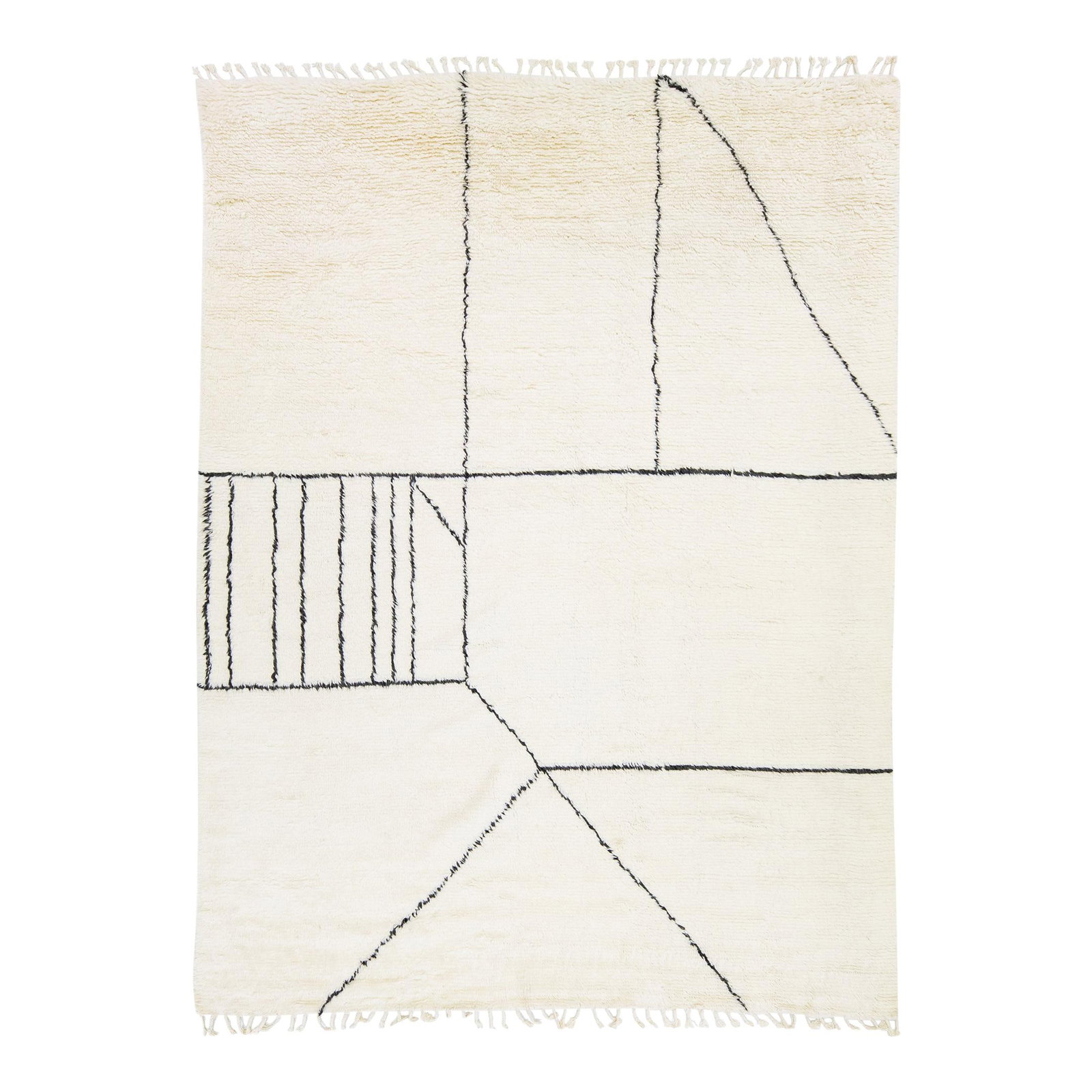 Ivory Handmade Wool Rug Modern Moroccan Style: Ivory Handmade Wool Rug Modern Moroccan Style Enhance your living space with this stunning modern Moroccan style hand-knotted wool rug, featuring a beautiful ivory field and elegant fringes. The rug s